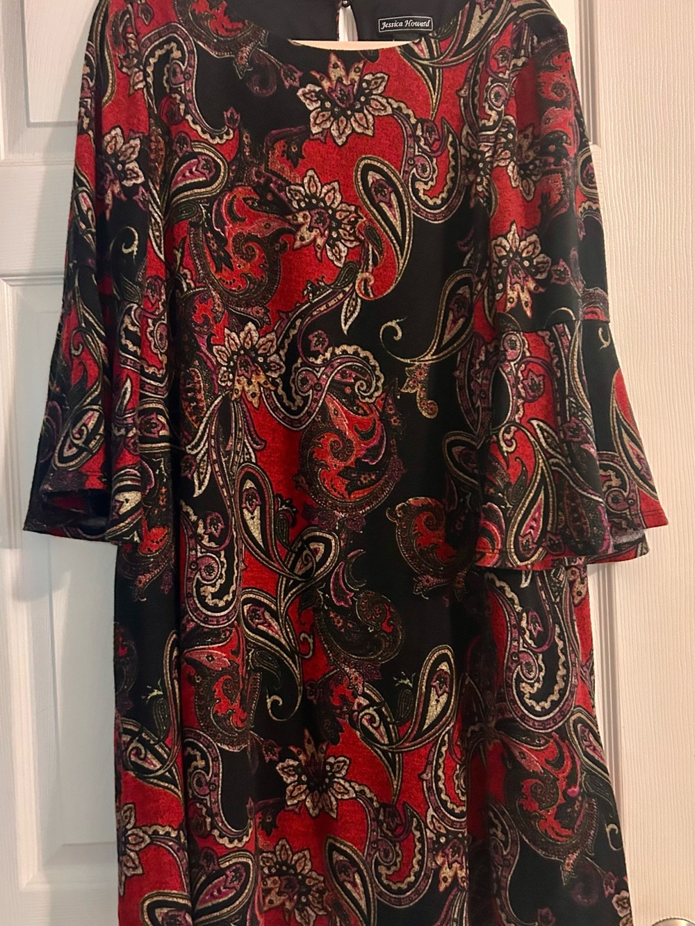 Jessica Howard Black and Red Paisley Midi Dress with Bell Sleeves